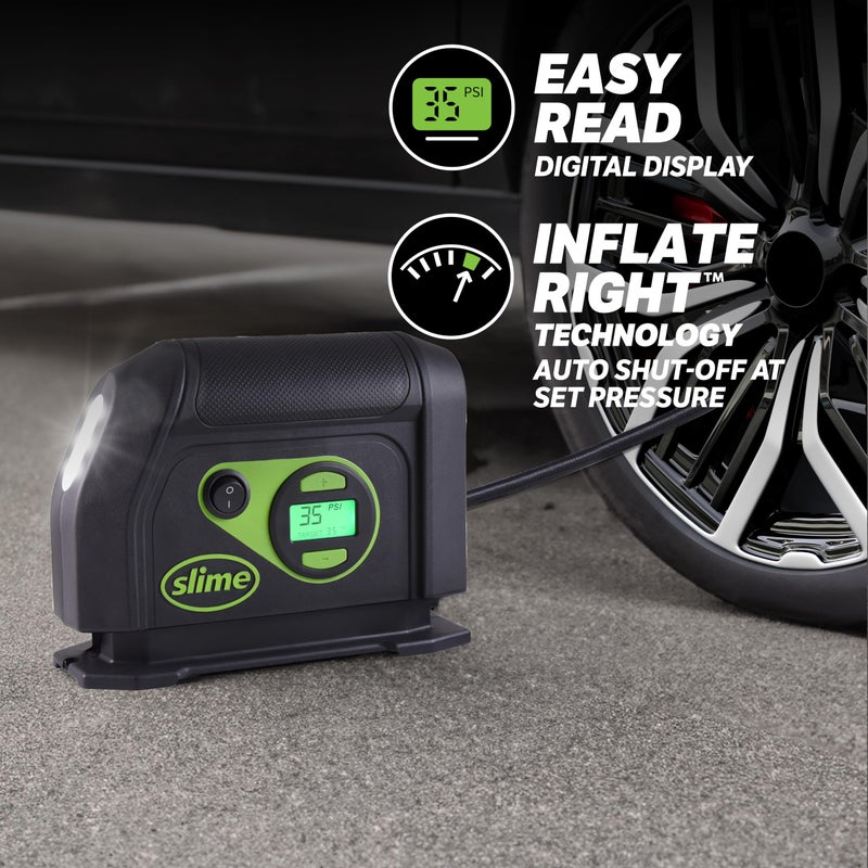 Slime 40088 Tire Inflator, Portable Car Air Compressor, Inflate Right automatic shut off, with Digital 99 psi Display, Long Hose and LED Light, 12V, 6 min inflation - Image 3